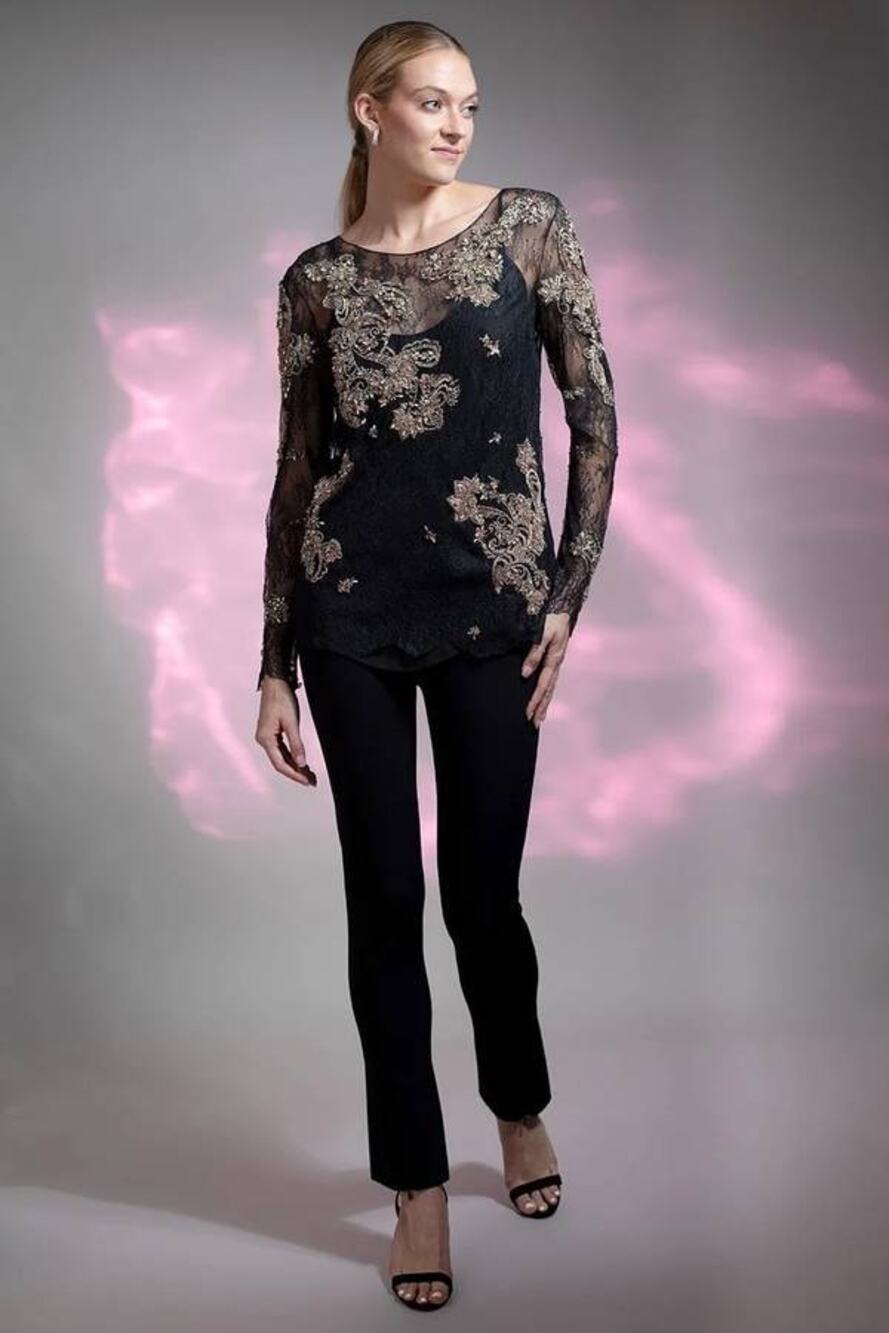 Marchesa Notte Chantilly Lace Top With Crystals in Black 8